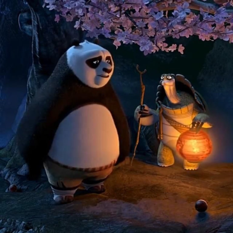 master oogway and po are under a flowering tree